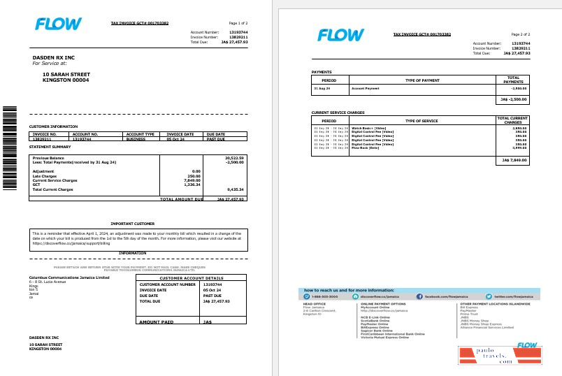 Jamaica Flow tax invoice cable and internet business utility bill Word and PDF template, 2 pages PSD template